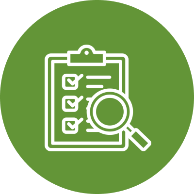 Checklist clipboard with magnifying glass icon.