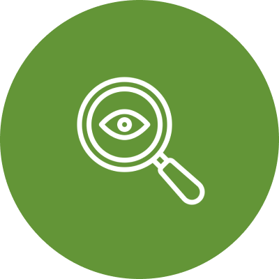 Magnifying glass with eye on green background.